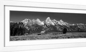 Barn on Plain before Mountains, Grand Teton National Park, Wyoming, USA - White Framed Art Print Wall Art, 24x8