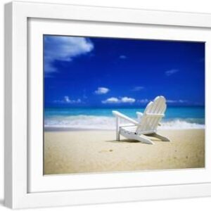 Beach Chair on Empty Beach - White Framed Art Print Wall Art, 16x12