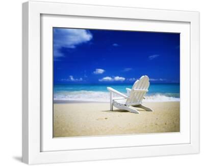 Beach Chair on Empty Beach - White Framed Art Print Wall Art, 16x12