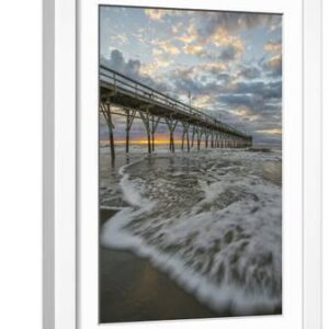 Beach, ocean, waves and pier at sunrise, Sunset Beach, North Carolina, United States of America, No - White Framed Art Print Wall Art, 12x18