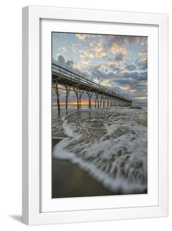 Beach, ocean, waves and pier at sunrise, Sunset Beach, North Carolina, United States of America, No - White Framed Art Print Wall Art, 12x18