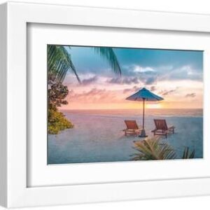 Beautiful relax beach. Chairs on the sandy beach near the sea. Summer holiday and vacation concept - White Framed Art Print Wall Art, 12x8