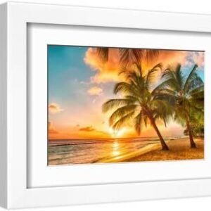 Beautiful Sunset over the Sea with a View at Palms on the White Beach on a Caribbean Island of Barb - White Framed Art Print Wall Art, 12x8