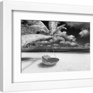 Black and white tropical beach panorama as summer landscape with beach swing or hammock and white s - White Framed Art Print Wall Art, 12x8