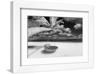 Black and white tropical beach panorama as summer landscape with beach swing or hammock and white s - White Framed Art Print Wall Art, 12x8