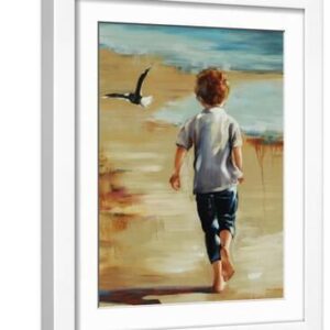 Boy at the Beach - White Framed Art Print Wall Art, 12x16