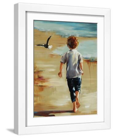 Boy at the Beach - White Framed Art Print Wall Art, 12x16