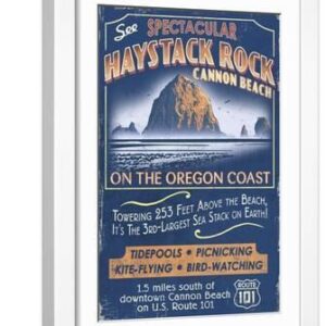 Cannon Beach, Oregon - Haystack Rock - White Framed Art Print Wall Art, 12x18