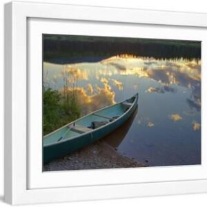 Canoeing on Rainy Lake at Sunset in the Lolo National Forest, Montana, Usa - White Framed Art Print Wall Art, 16x12