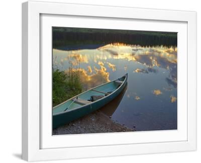 Canoeing on Rainy Lake at Sunset in the Lolo National Forest, Montana, Usa - White Framed Art Print Wall Art, 16x12