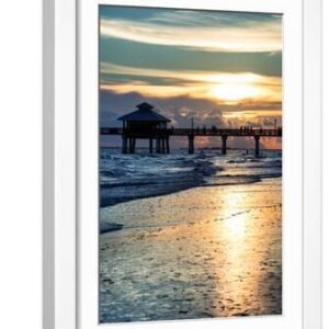 Fishing Pier Fort Myers Beach at Sunset - White Framed Art Print Wall Art, 12x18