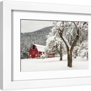 Fresh Snow on Red Barn Near Salmo, British Columbia, Canada - White Framed Art Print Wall Art, 12x8