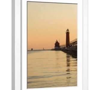 Grand Haven Lighthouse and South Pier at sunset, Michigan, USA - White Framed Art Print Wall Art, 12x18