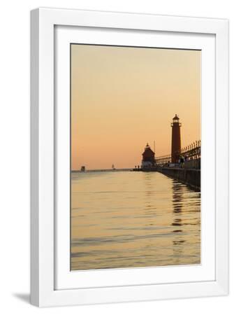 Grand Haven Lighthouse and South Pier at sunset, Michigan, USA - White Framed Art Print Wall Art, 12x18