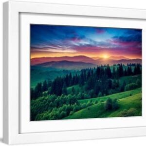 Green Hills Glowing by Warm Sunlight at Twilight. Dramatic Scene. Colorful Sky, Red Clouds. Carpath - White Framed Art Print Wall Art, 16x12