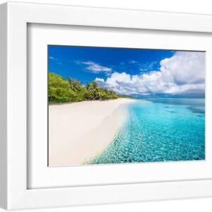 Green palm tree on white sand beach, exotic landscape. Amazing sea water, ripples, cloudy sky. Drea - White Framed Art Print Wall Art, 12x8