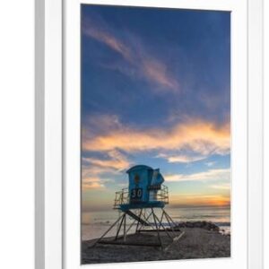 Lifeguard Stand at Sunset in Carlsbad, Ca - White Framed Art Print Wall Art, 12x18