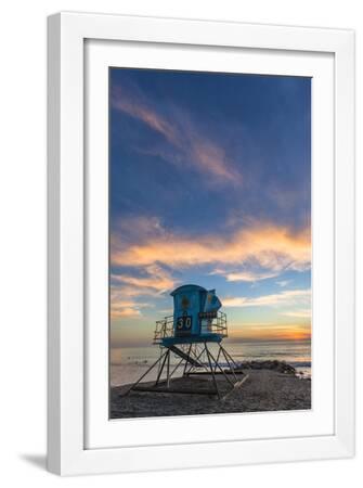 Lifeguard Stand at Sunset in Carlsbad, Ca - White Framed Art Print Wall Art, 12x18