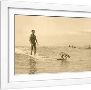 Man Surfing with Dog - White Framed Art Print Wall Art, 18x12