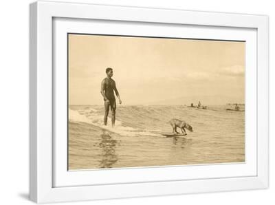Man Surfing with Dog - White Framed Art Print Wall Art, 18x12