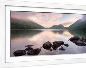 Morning Mist on Jordan Pond, Acadia National Park, Maine, USA - White Framed Art Print Wall Art, 24x12