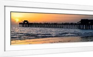 Naples Florida Pier at Sunset - White Framed Art Print Wall Art, 24x8