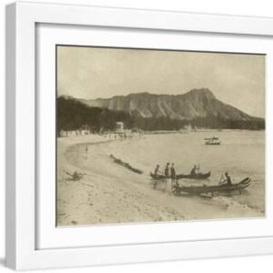 Native Hawaiian Canoe Surfers at Diamond Head, C.1890S - White Framed Art Print Wall Art, 16x12