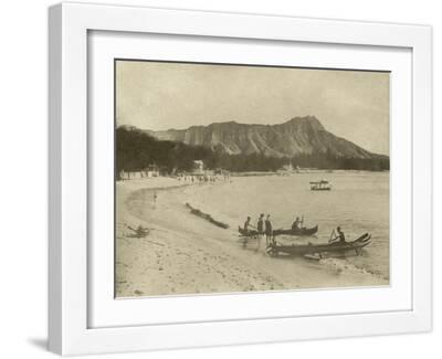 Native Hawaiian Canoe Surfers at Diamond Head, C.1890S - White Framed Art Print Wall Art, 16x12
