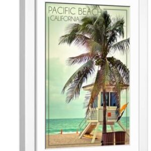 Pacific Beach, California - Lifeguard Shack and Palm - White Framed Art Print Wall Art, 12x18