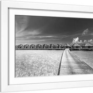 Perfect black and white beach scene. Sunset, sunrise silhouette of coconut palm tree with sun loung - White Framed Art Print Wall Art, 18x12