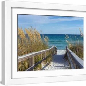 Sandy Boardwalk Path to a Snow White Beach on the Gulf of Mexico with Ripe Sea Oats in the Dunes - White Framed Art Print Wall Art, 16x12