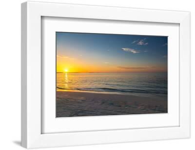 Sea sand sky concept, sunset colors clouds, horizon, horizontal background banner. Inspirational na - White Framed Art Print Wall Art, 12x8