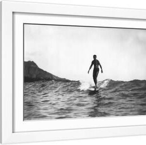 Surfing in Honolulu Hawaii Longboard Surfer Photograph - Honolulu, HI - White Framed Art Print Wall Art, 18x12