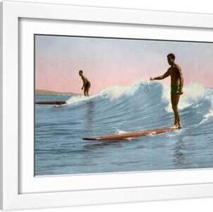 Two Long Board Surfers - White Framed Art Print Wall Art, 18x12