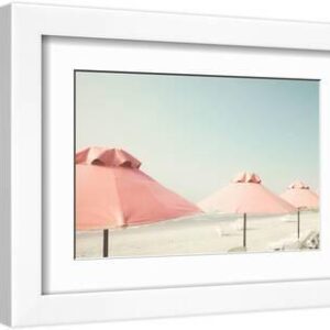 Vintage Summer Beach with Pink Pastel Parasols - White Framed Art Print Wall Art, 12x8