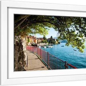 Walkway Along the Shore of a Lake, Varenna, Lake Como, Lombardy, Italy - White Framed Art Print Wall Art, 18x12
