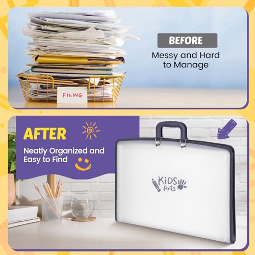 11x17 Kids Art Portfolio - Accordian File Organizer with 13 Pockets, Art Portfolio for Kids with Handle and Zipper Closure - Oxford Cloth, Frosted...