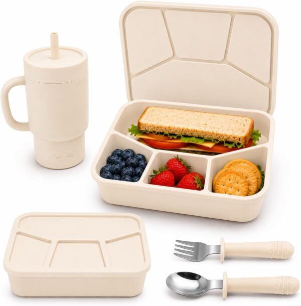 4-Piece Silicone Bento Lunch Box Set for Kids – Stainless Steel Water Cup, Spoon & Fork Included, BPA Free, Dishwasher Safe, Reusable Lunch Container