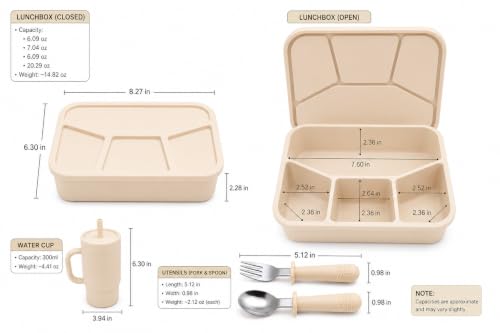 4-Piece Silicone Bento Lunch Box Set for Kids – Stainless Steel Water Cup, Spoon & Fork Included, BPA Free, Dishwasher Safe, Reusable Lunch Container