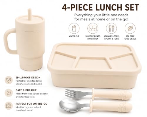 4-Piece Silicone Bento Lunch Box Set for Kids – Stainless Steel Water Cup, Spoon & Fork Included, BPA Free, Dishwasher Safe, Reusable Lunch Container