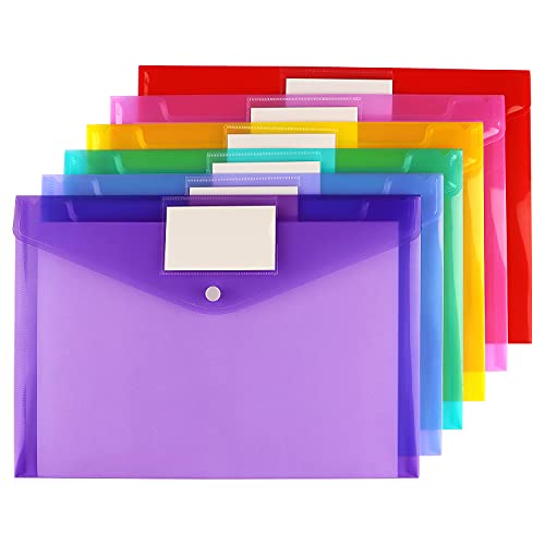 6 Pack Clear Document Folders Plastic Envelopes Poly Envelopes File Envelopes with Label Pocket and Snap Button for Home Work Office Organization,...