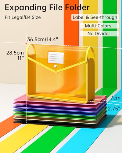 7 Pack Plastic Expanding File Folder, Transparent envelopes with Snap Closure, No Dividers, Large Capacity, Fit Legal/B4 Size for School, Office,...