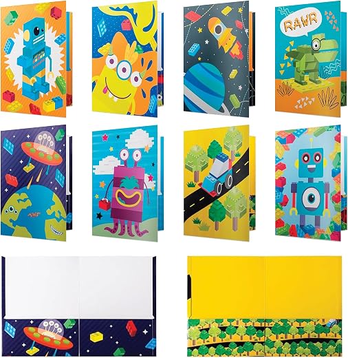 8 Kids Pocket Folders - Homework Folders in Futuristic Robots, Spaceships and Blocks Themes - Kids Folders with Pockets -8 Unique Designs in Front...