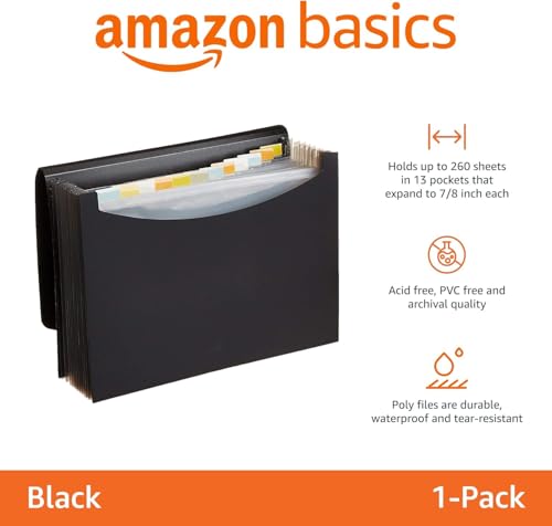 Amazon Basics Expanding Accordion File Organizer, Letter Size, 13 Compartments, Large Capacity Document Storage, Waterproof, Black, 1-Pack Amazon Basics Expanding Accordion File Organizer, Letter Size, 13 Compartments, Large Capacity Document Storage, Waterproof, Black, 1-Pack