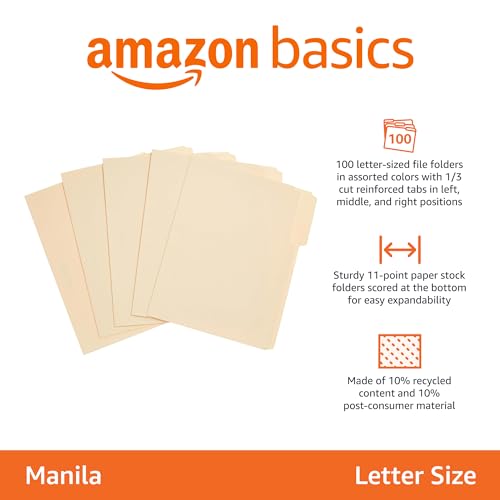 Amazon Basics Sturdy File Folders with Reinforced Tabs for Filing and Organization, 1/3-Cut Tab, Assorted Positions, Letter Size, 8.5x11 inches,...