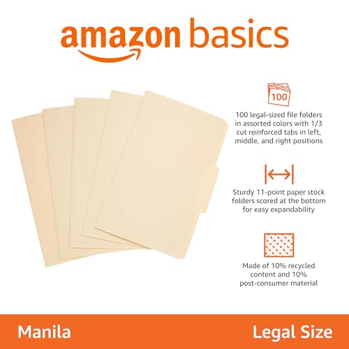 Amazon Basics Sturdy Manila File Folders, 1/3 Tabs in Assorted Positions for Filing and Easy Labeling, Legal Size, 8.5 x 14 inch, 100-Pack Amazon Basics Sturdy Manila File Folders, 1/3 Tabs in Assorted Positions for Filing and Easy Labeling, Legal Size, 8.5 x 14 inch, 100-Pack