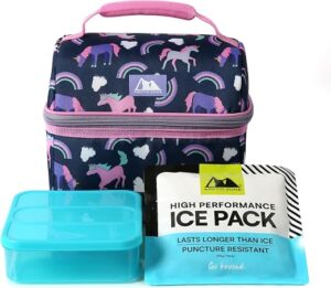 Arctic Zone Kids Lunch Box Combo with Gel Ice Pack and Sandwich Container, 2 Compartment Insulated Bucket for Travel Lunch, Unicorn Princess
