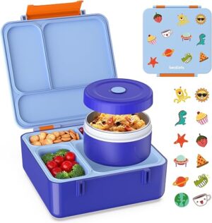 Bento Box for Kids, Lunch Box with Sticker and Leak-Proof Vacuum Food Jar, 4 Compartment BPA-Free Toddler Bento Box for School, Machine-Washable...