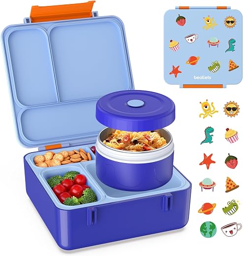 Bento Box for Kids, Lunch Box with Sticker and Leak-Proof Vacuum Food Jar, 4 Compartment BPA-Free Toddler Bento Box for School, Machine-Washable... Bento Box for Kids, Lunch Box with Sticker and Leak-Proof Vacuum Food Jar, 4 Compartment BPA-Free Toddler Bento Box for School, Machine-Washable...