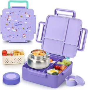 Bento Box for Kids with Thermos, [Large Capacity] Insulated Kids Lunch Box with 4 Compartment for Ages 3+, Drop-Proof & Dishwasher Safe Lunchbox...